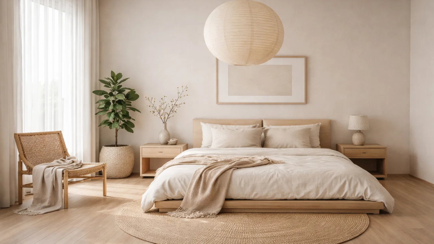 Paleta de culori pentru dormitor japandi: calm, echilibru si estetica japoneza.