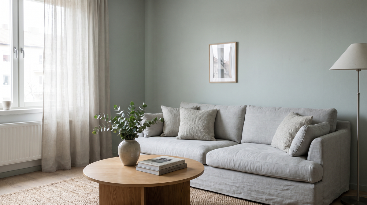 Living amenajat in verdele salvie Soulful Sage, culoarea anului 2027
